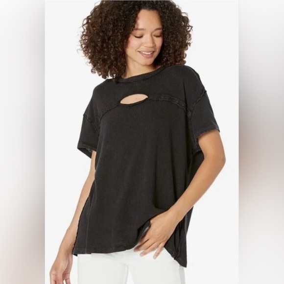 Free People Tops - Free People XS Cutout Tee Black Short Sleeve Distressed Boxy Top We The Free